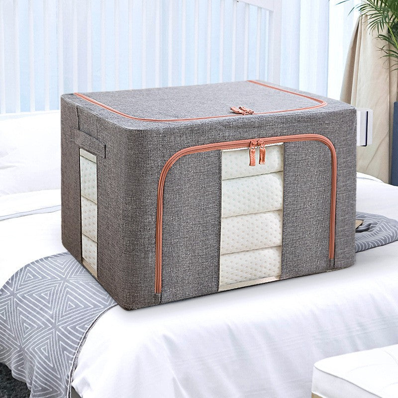 Set 2 x Cutii de depozitare pliabila, Cu fermoar, 100 L, Textil, 60x42x40 cm, Cadru Metalic, Suport Baza Stabil din Plastic, Gri, Cu doua ferestre
