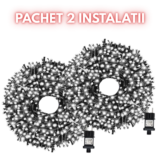 Pachet PROMOTIONAL! 2 BUC Instalatie De Craciun Liniara 50M, 240 LED -uri, Cu 8 jocuri de lumini, Pentru Exterior/Interior, Alb Rece