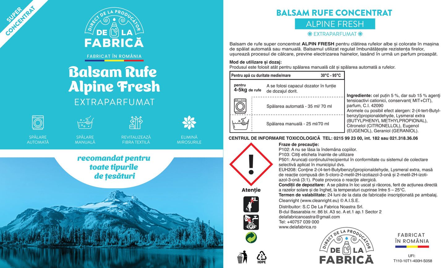 Balsam de Rufe Extra Parfumat Alpine Fresh – Super Concentrat – DeLaFabrica 5L