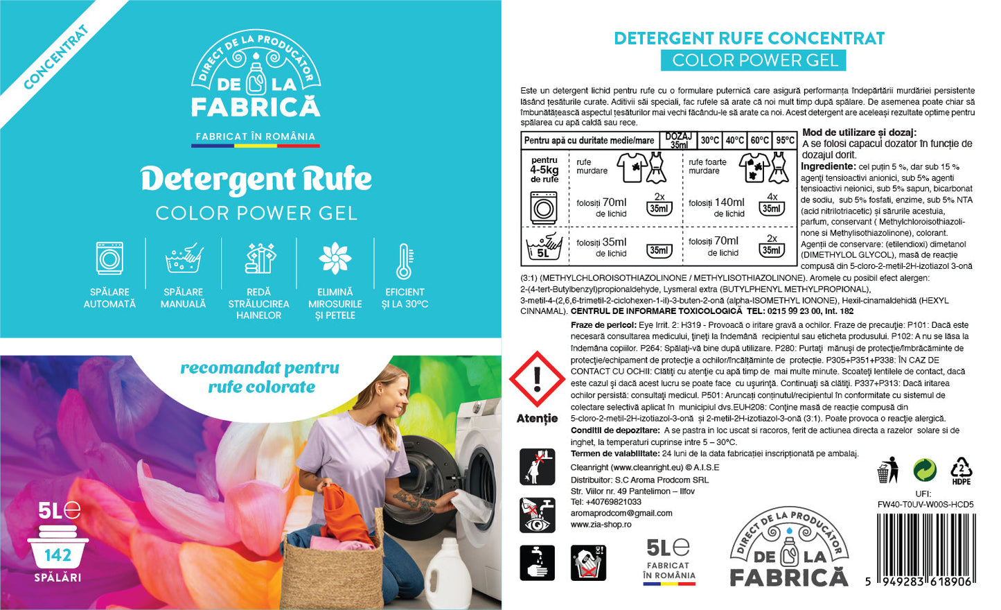 Detergent rufe concentrat Color power gel - DeLaFabrica 5L
