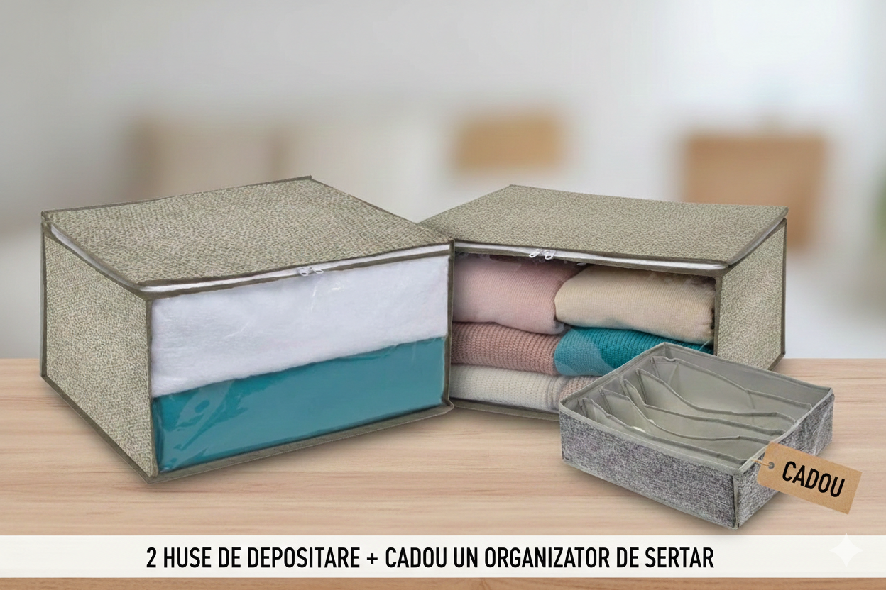 Set Organizare Premium: 2 Huse Depozitare + CADOU Organizator de Sertar
