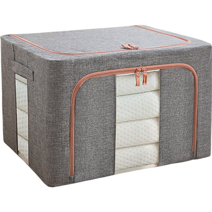 Set 2 x Cutii de depozitare pliabila,  Cu fermoar, 100 L, Textil, 60x42x40 cm, Cadru Metalic, Suport Baza Stabil din Plastic, Gri, Cu doua ferestre