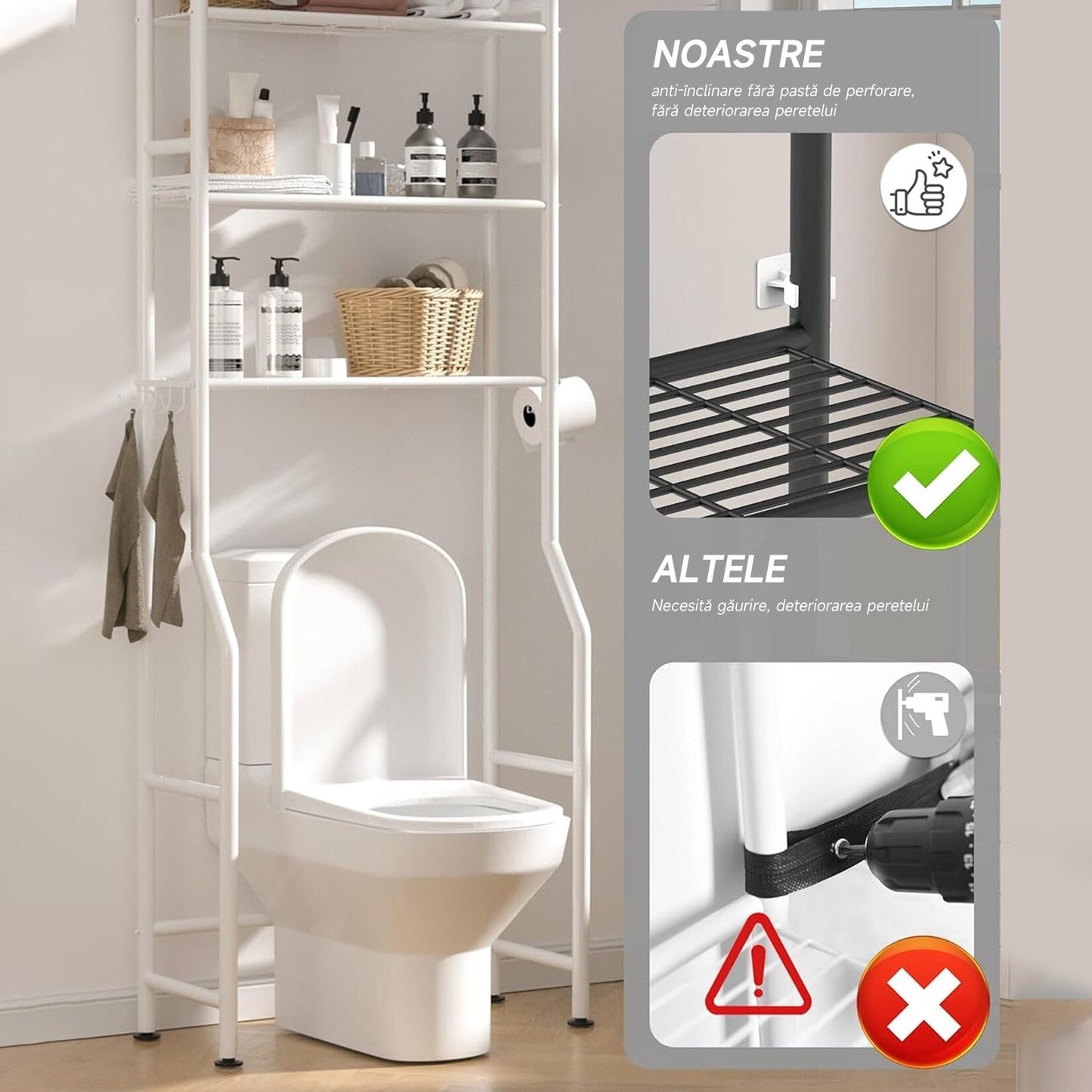 Raft depozitare peste toaleta, Raft depozitare peste masina de spalat, cu 3 rafturi, raft de Depozitare pentru Baie, picioruse ajustabile, rezistent si stabil, ideal pentru prosoape sau produse de igiena, metal, 155X47X25cm, Alb + CADOU SURPRIZA