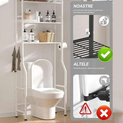 Raft depozitare peste toaleta, Raft depozitare peste masina de spalat, cu 3 rafturi, raft de Depozitare pentru Baie, picioruse ajustabile, rezistent si stabil, ideal pentru prosoape sau produse de igiena, metal, 155X47X25cm, Alb + CADOU SURPRIZA