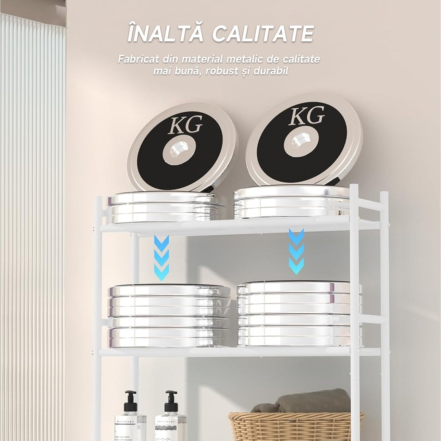 Raft depozitare peste toaleta, Raft depozitare peste masina de spalat, cu 3 rafturi, raft de Depozitare pentru Baie, picioruse ajustabile, rezistent si stabil, ideal pentru prosoape sau produse de igiena, metal, 155X47X25cm, Alb + CADOU SURPRIZA