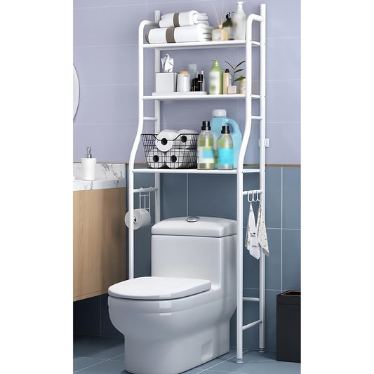 Raft depozitare peste toaleta, Raft depozitare peste masina de spalat, cu 3 rafturi, raft de Depozitare pentru Baie, picioruse ajustabile, rezistent si stabil, ideal pentru prosoape sau produse de igiena, metal, 155X47X25cm, Alb + CADOU SURPRIZA