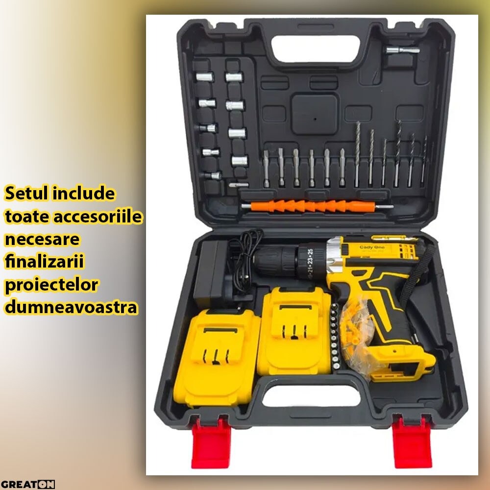 Masina De Gaurit Si Insurubat, Bormasina Cu 2 Acumulatori 48V Inclusi, Functionare Fara Fir, Moduri Avansate, Design Durabil Si Ergonomic, Accesorii, Trusa Transport, Galben/Negru + CADOU SURPRIZA