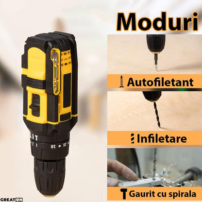 Masina De Gaurit Si Insurubat, Bormasina Cu 2 Acumulatori 48V Inclusi, Functionare Fara Fir, Moduri Avansate, Design Durabil Si Ergonomic, Accesorii, Trusa Transport, Galben/Negru + CADOU SURPRIZA