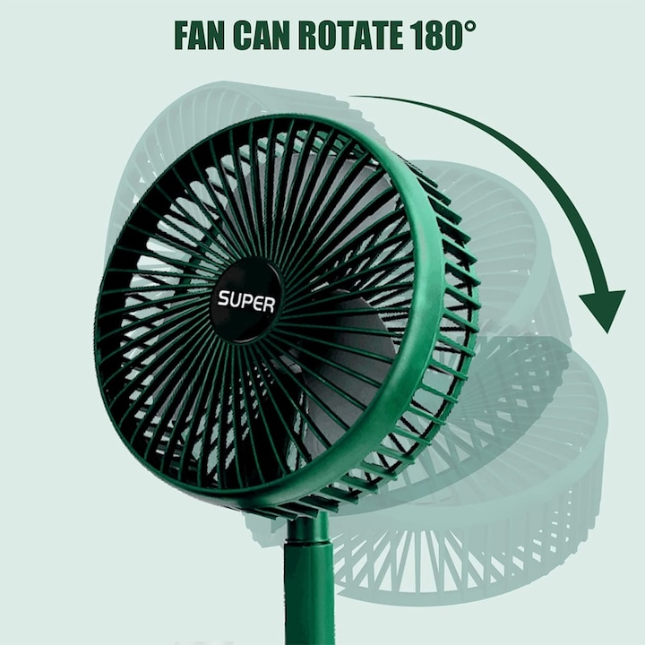 Ventilator portabil telescopic, 3 viteze, incarcare USB, verde, montabil pe perete